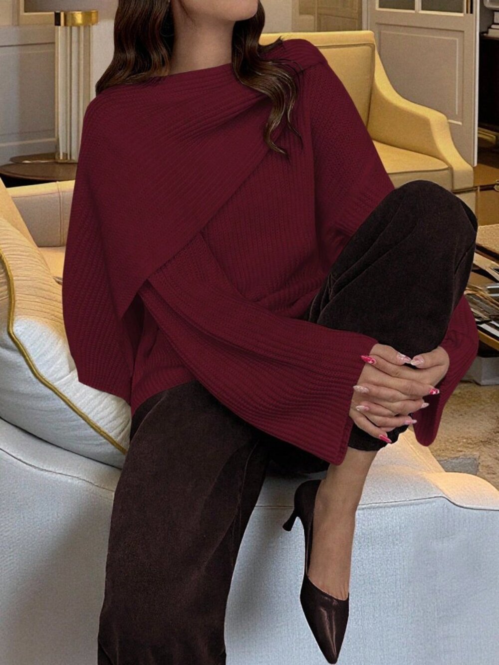Red Casual Women's Loose Asymmetrical Plain Batwing Pullover Sweater
